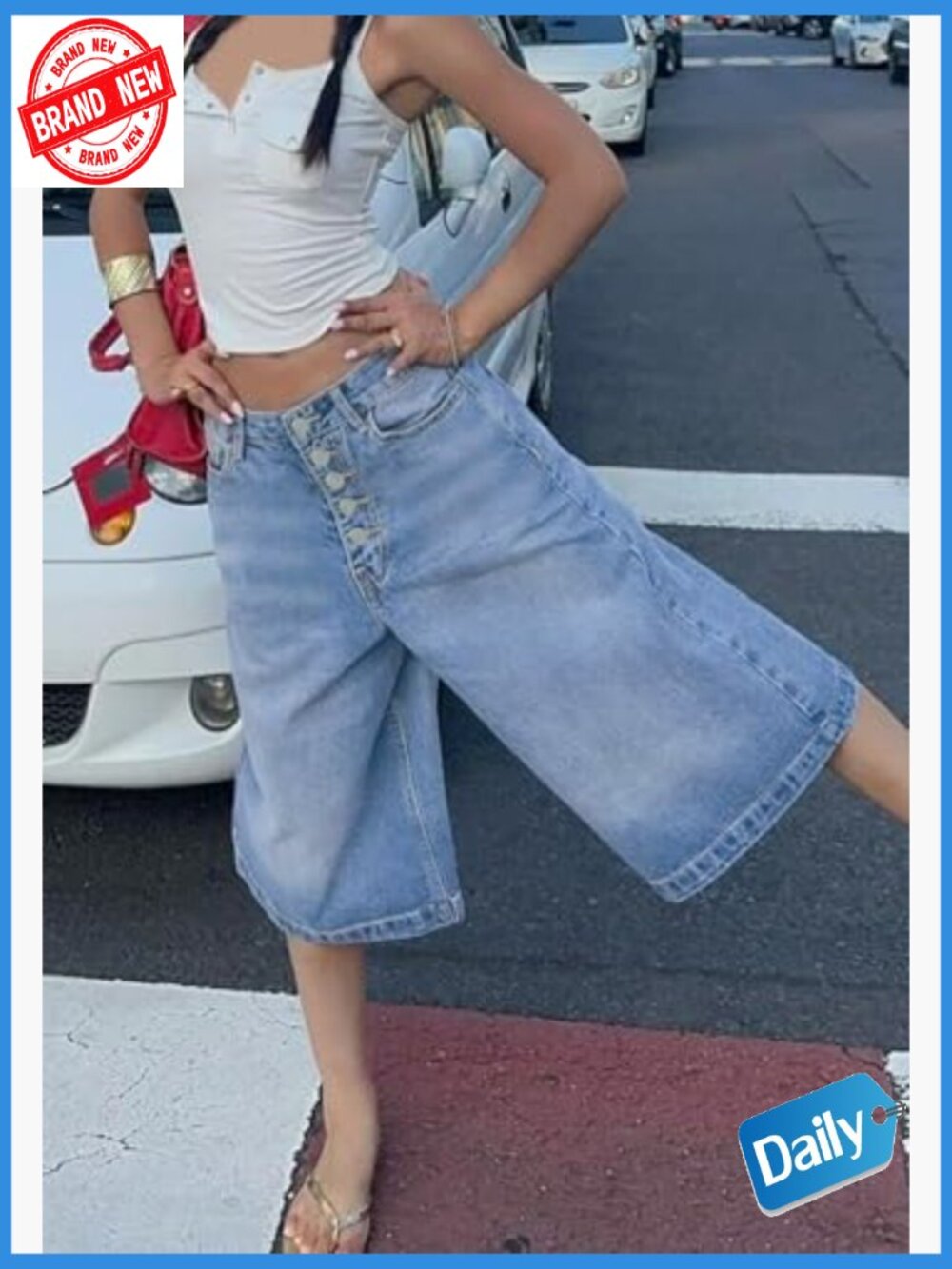 High-Rise Light Blue Denim Bermuda Shorts for Women - Picture 3 of 7